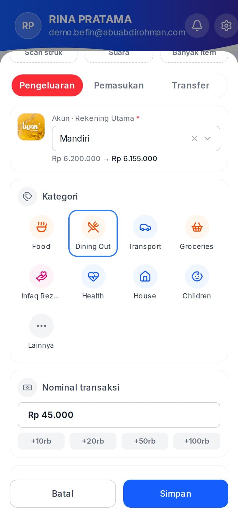 Form catat transaksi dengan kategori tersering di depan