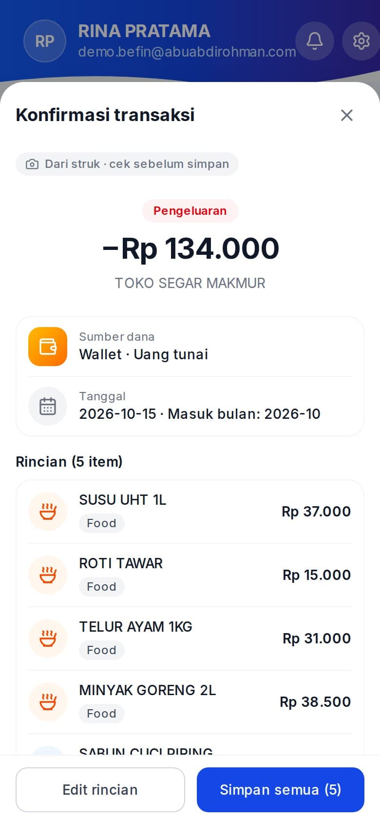Hasil scan struk: setiap item terbaca dengan kategorinya